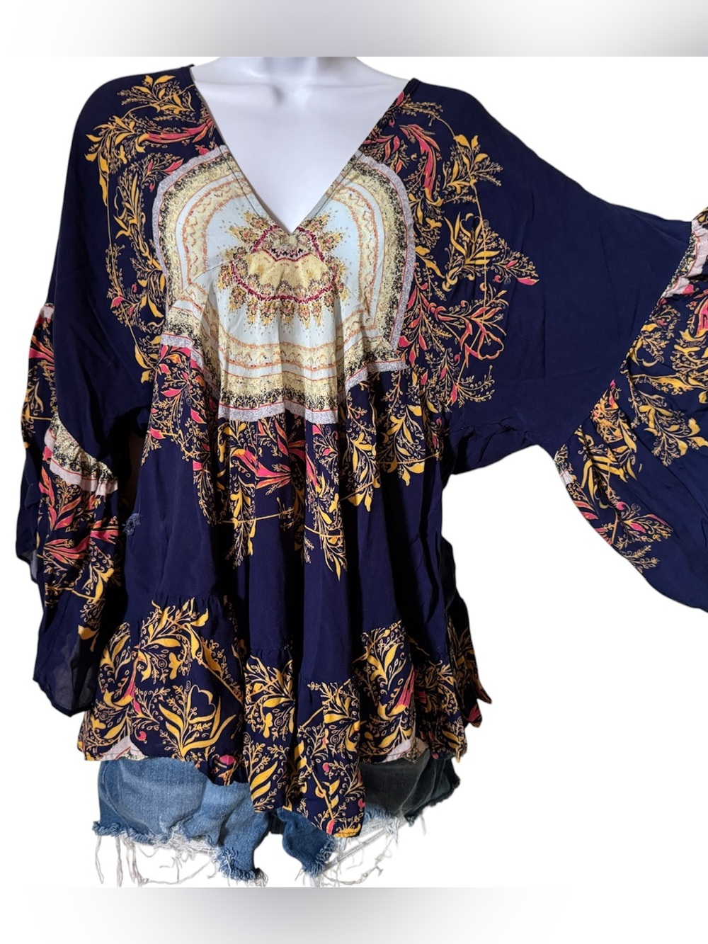 Free People Boho Floral Bell Sleeve Tunic Top - Size XS